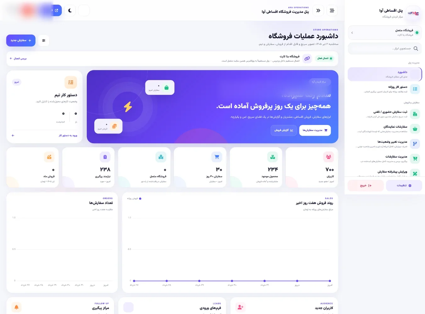 نمای واقعی داشبورد مدیریت فروشگاه اقساطی آوا